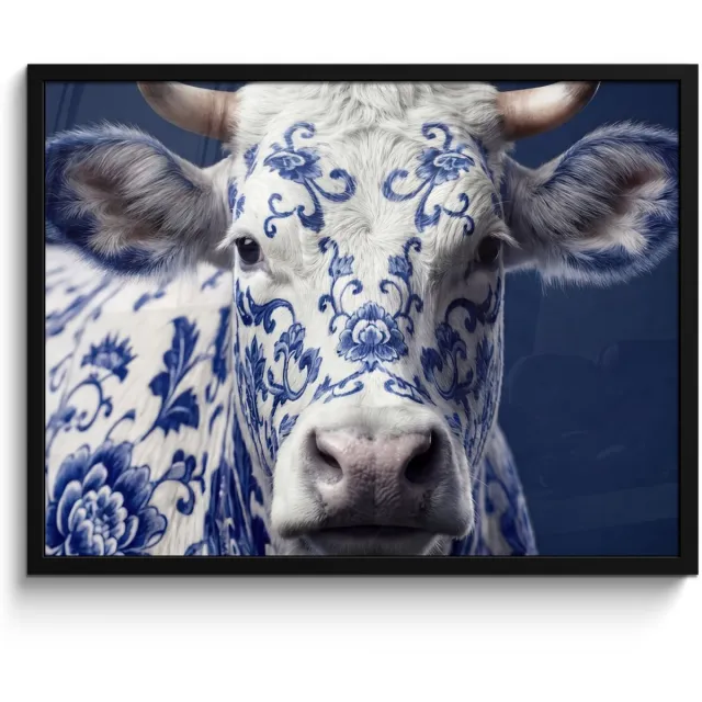FrameYourWall Poster in lijst - Fotolijst 70x50 cm - Posters - Koe - Delfts - Blauw - Artistiek - Posterlijst zwart - Decoratie - Wanddecoratie woonkamer - Muurdecoratie slaapkamer