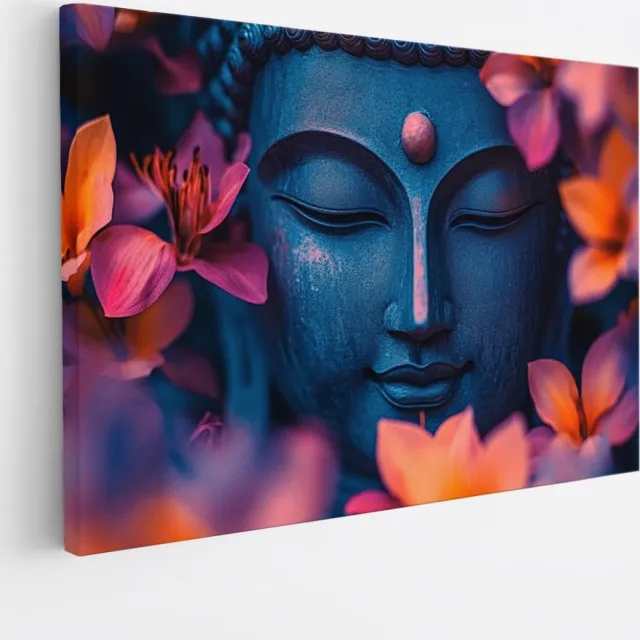 Saammp Canvas Schilderij - Boeddha tussen de bloemen - 60x40 - Foto op canvas - Wanddecoratie - Muurdecoratie Woonkamer - Canvas schilderijen Multicolor