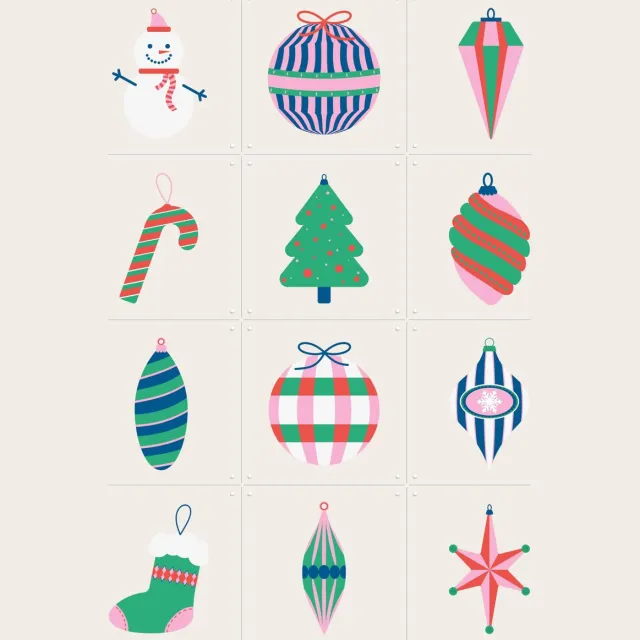 IXXI Kerst Dopamine Decor Collagebox, IXXI - 60 x 80 cm - Grote wanddecoratie en posters - Cartoonesk, Pop art, Abstract, Line art, Kleurrijk Roze / Blauw / Groen / Wit