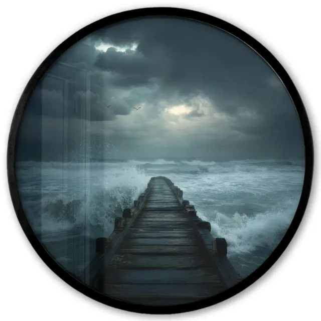 FrameYourWall Poster in lijst Rond - Fotolijst 40x40 cm - Posters - Steiger - Storm - Golven - Ronde posterlijst zwart - Decoratie - Wanddecoratie woonkamer - Muurdecoratie slaapkamer