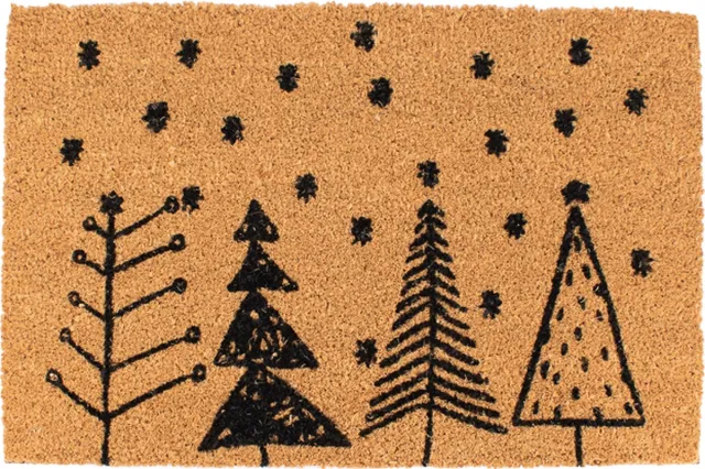 House of Seasons Buitenmat - Deurmat buiten - Deurmat Kerst - 60cm x 40cm x 1.5cm (LxBxH) - Bruin met Kerstbomen en Sterren