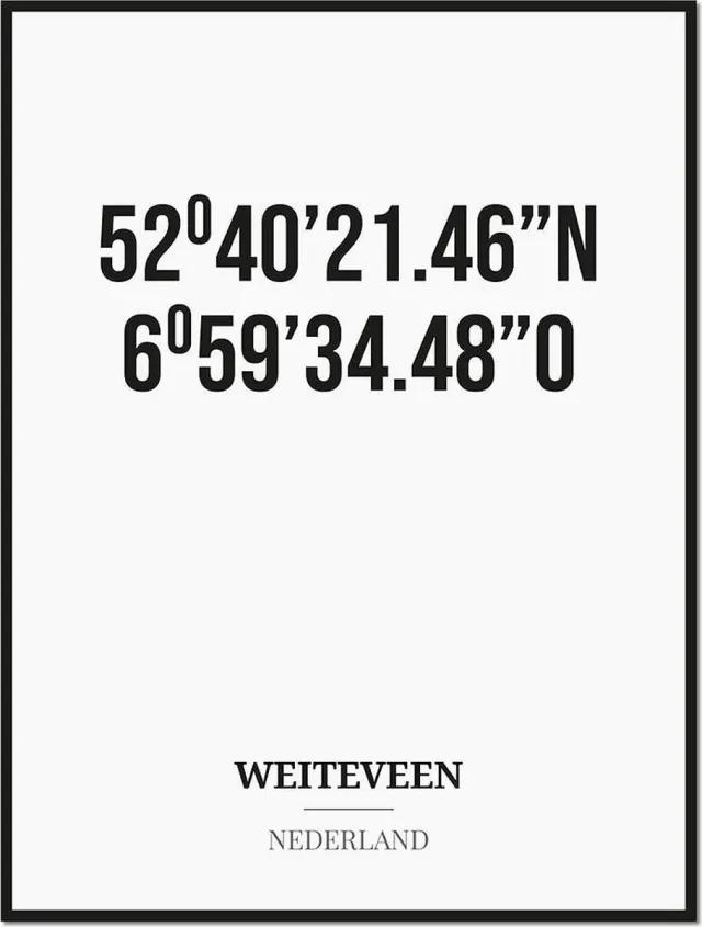 Studio216 Poster/kaart WEITEVEEN met coördinaten zwart, wit