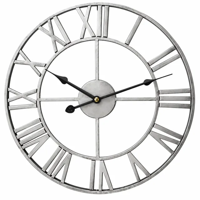 SWGOTA Zilverkleurige ronde wandklok met Romeinse cijfers - Open metalen frame en zwarte wijzers