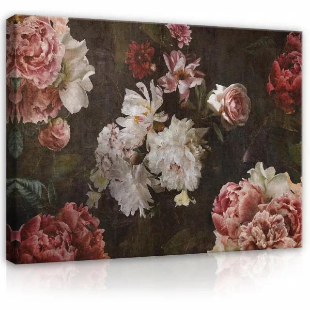 WALLARENA Canvas schilderij - 60x40 cm - Vintage retro bloemen schilderij voor in de woonkamer multikleurig