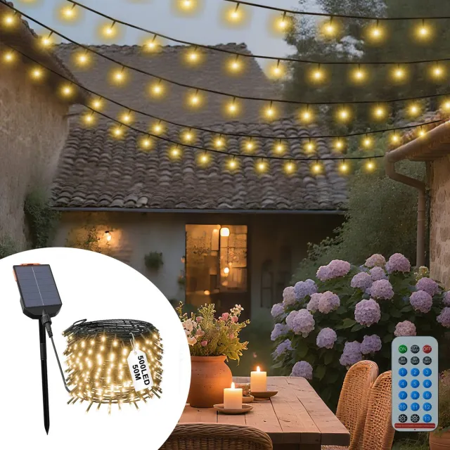LZQ Solar LED Lichtenketting 50m 500LED Warmwit Buiten Met Afstandsbediening, 13 Modi, Timer & Opslagfunctie, IP44 Waterdicht, Solar Kerstverlichting Voor Tuin, Huwelijk, Kerstmis