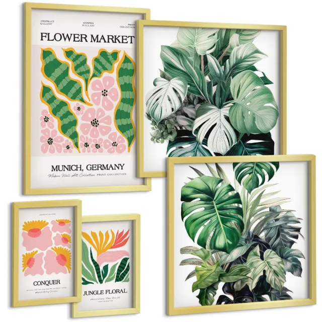 TULUP 5-Delige Schilderij Set - Plantenmotieven en bloemenaccenten in de boho-stijl. - 50 x 50 cm, 20 x 30 cm en 40 x 60 cm - Muurdecoratie - Decoratieve Schilderijen - Wohnzimmer Gouden lijst