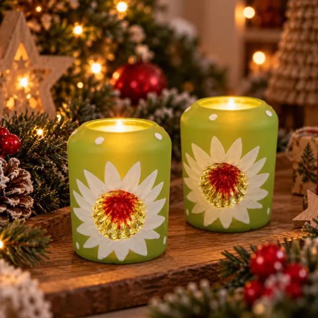 ZoeZo Design 2 stuks - Waxinelichtjeshouder - kerstbalstyle - Vintage - glas - groen - 10 x Ø7 cm