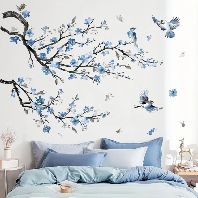 Provento Muurtattoo vogels tak bloemen blauwe muursticker slaapkamer woonkamer babykamer rustgevende wanddecoratie met bloemmotief. Any