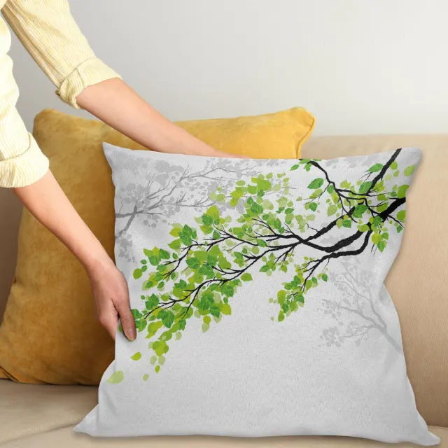 ABAKUHAUS Natuur Sierkussenhoes, Twiggy Lente Boom Tak met Refreshing Bladeren Zomer Peaceful Bos Grafisch, Decoratieve Vierkante Sierkussenhoes, 40 x 40 cm, Groen Grijs