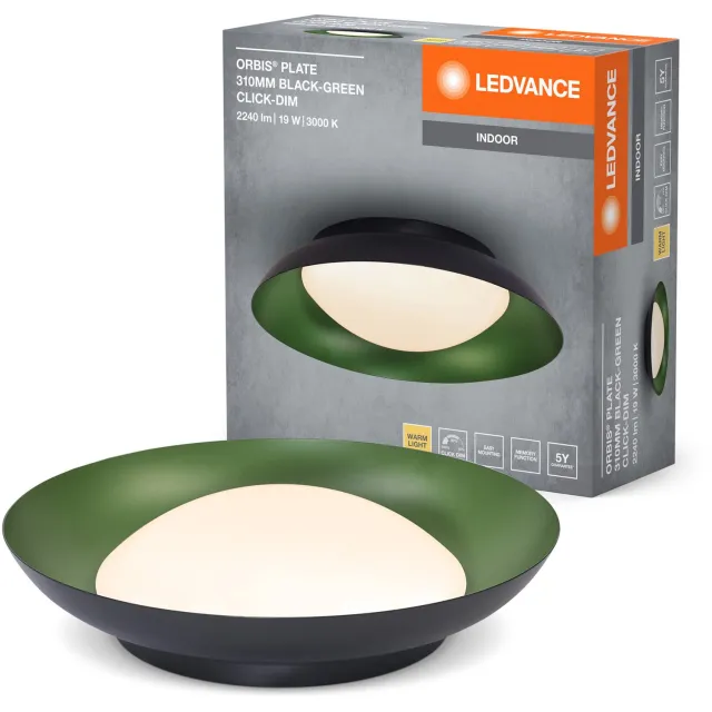 LEDVANCE Orbis Plate LED plafondlamp, zwart-groen, 19W, 1000lm, 3000K, 310mm, 830 vriendelijk warm wit, dimbaar in 3 niveaus door te trappen, IP20 bescherming, inclusief montageschroeven en pluggen Zwart|Groen