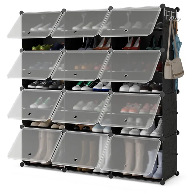 Costway Schoenenrek met 12 vakken, schoenenkast van kunststof voor 48 paar schoenen en laarzen, doe-het-zelf schoenenorganizer met zijhaken, schoenenstandaard voor ingang, hal, zwart