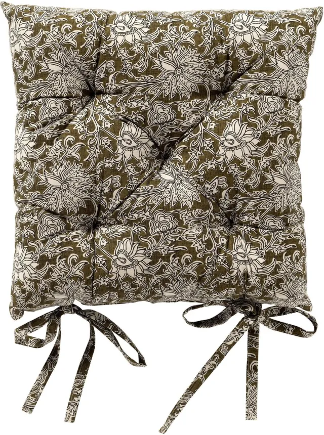 Dutch Decor JOELLE - stoelkussen 40x40 cm - bloemenmotief - met striklinten - Green Moss - groen - Zitkussen Mosgroen