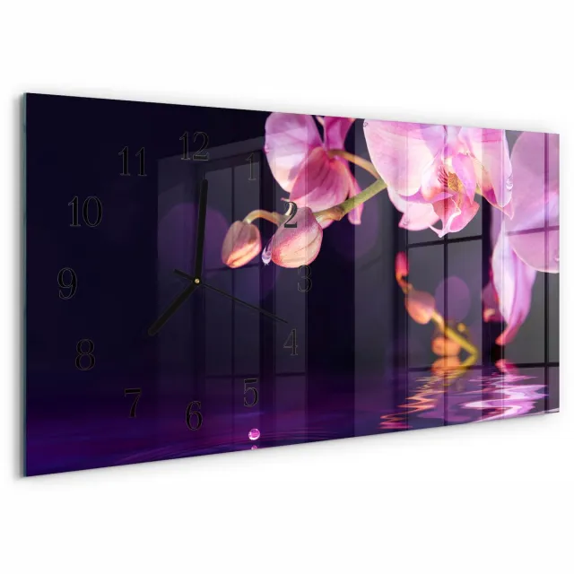 TULUP Wandklok - Orchidee Moderne Wandklok Glas - 60x30 cm - Paars Wandklok Glas Decoratie - Zwarte Handen - Rechthoekige Wandklok - Klok Glas Met Opdruk - Moderne Wandklok Glas Paars - Orchidee