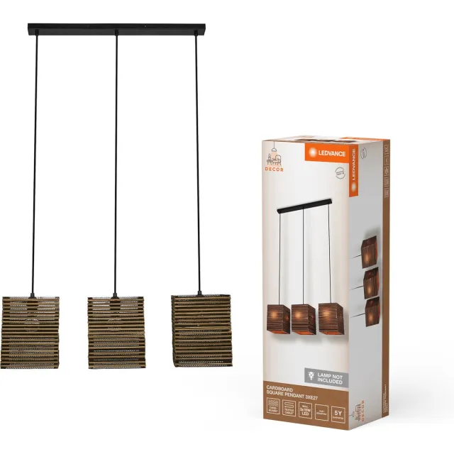 LEDVANCE hanglamp 3-lamps Decor Cardboard Vierkant bruin van golfkarton, E27, 830 mm lengte, lampenkap van gerecycled materiaal, duurzaam dankzij vervangbare lichtbron, eenvoudig te installeren