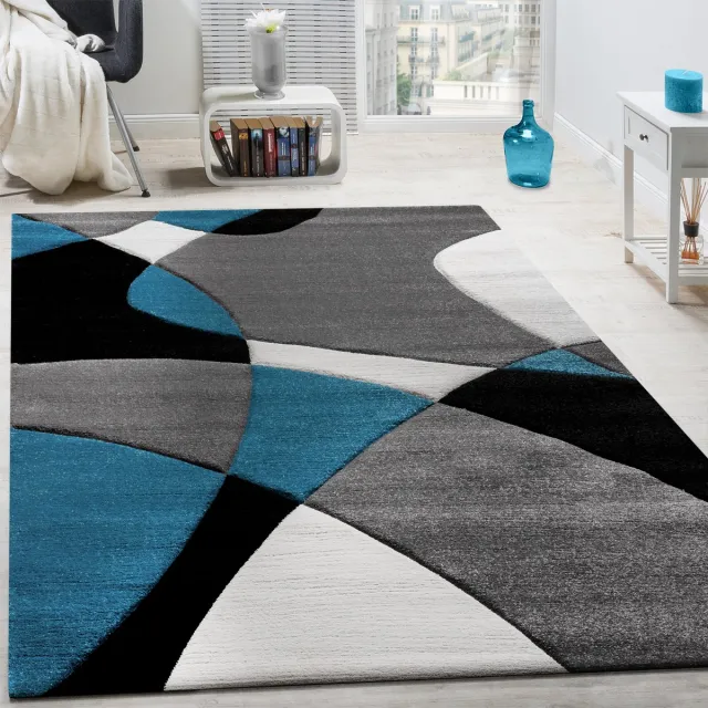 flycarpets Diamesa Modern Vloerkleed - Grijs / Blauw / Zwart - Laagpolig Tapijt Woonkamer