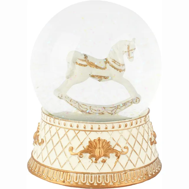 dekoratief Waterbol muziekdoos m/paard, wit/goud, resina/glas, 10x10x14cm | A265720
