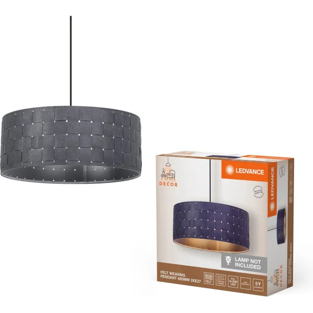 LEDVANCE 3-lamps hanglamp Decor Felt Weaving grijs van vilt en metaal, E27, 480 mm, warme lichteffecten dankzij geweven lampenkap, duurzaam dankzij vervangbare lichtbron, eenvoudig te installeren Donkergrijs