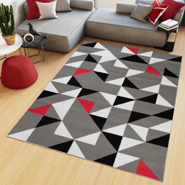 Tapiso Maya Vloerkleed Grijs Laagpolig Geometrische Vormen Tapijt Maat- 200 x 200 cm Zwart Lichtgrijs Rood 2