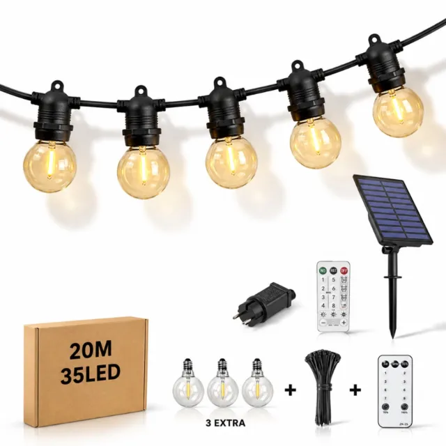 Kaëru Solar Lichtsnoer – 20m met 35 LED Lampen – Hybride Zonne-energie & Netstroom – Dimbare Buitenverlichting – Met Afstandsbediening – IP44 Waterdicht – Tuin, Terras en Balkon – Sfeerverlichting Buiten en Binnen