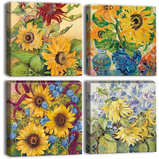 Ibenzoa Set van Vier Abstracte Zonnebloem Canvas Prints - Modern Kunst voor Woonkamer en Slaapkamer Kleurjik