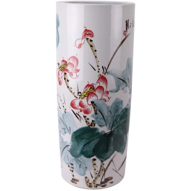 Fine Asianliving Chinese Paraplubak Keramiek Vaas Pruimenbloesems Handbeschilderd D25xH53cm Groen, Wit, Multicolour, Roze