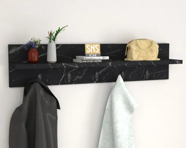 Bofigo Wandkapstok - Wandplank - Zwart Marmer - 5x2 - 80 cm Zwart en Marmer