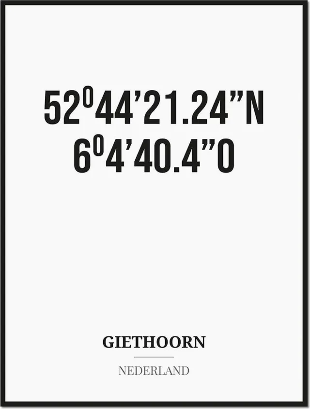 Studio216 Poster/kaart GIETHOORN met coördinaten zwart, wit