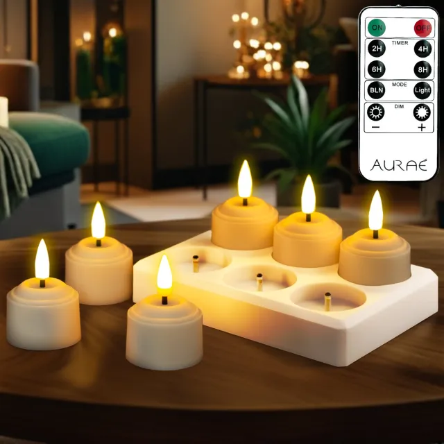Aurae Oplaadbare Waxinelichtjes 6x - Theelichtjes Oplaadbaar - 40+ Branduren - Led Kaarsen met Afstandsbediening - Flikkerende Vlam - met Lader - Kerst Kaarsen Ivoor • Oplaadbaar