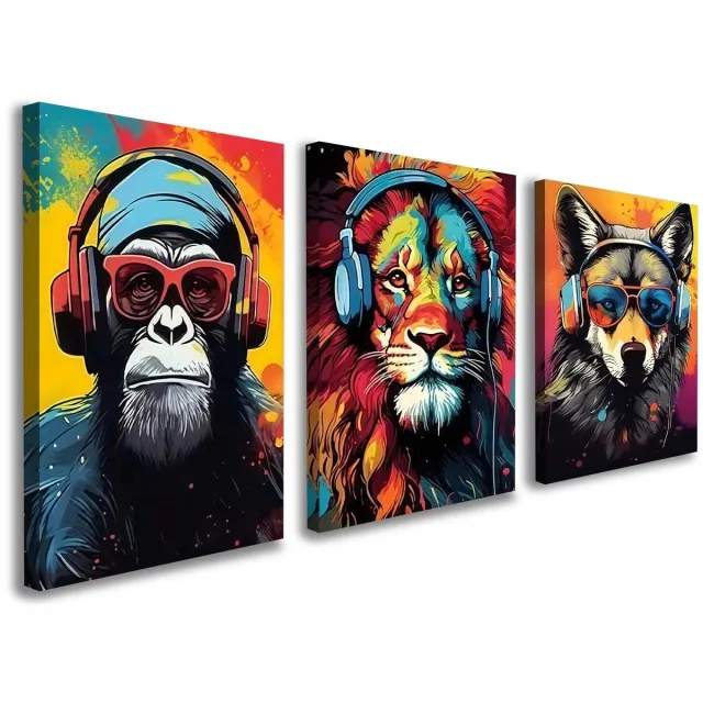 Unyqoos Stijlvolle 3-delige canvas wanddecoratie set met dieren en hoofdtelefoon 30 x 40 cm Kleurrijke