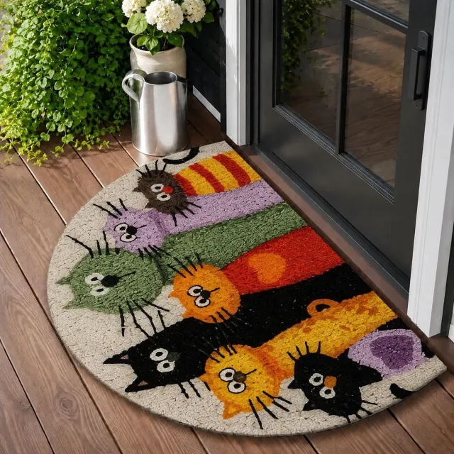 Flintry Halfronde deurmat - antislip en absorberende mat - geschikt voor binnen- en buiteningangen, keukens, terrassen, badkamers en als decoratie bij de open haard (40×60cm) Bloemenkat (40×60cm)
