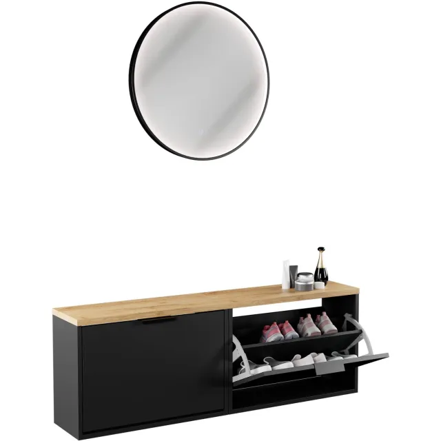 Planetmöbel STIVIO - Schoenenkast 60 cm - Zwart - Set van 2 - Met LED-spiegel VELUNA 1 klep, Zwart, Veluna 60 cm