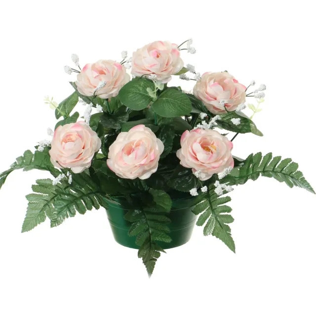 Louis Maes Kunstbloemen plantje in pot - lichtroze - 25 cm - Bloemstuk ornament - rozen met bladgroen
