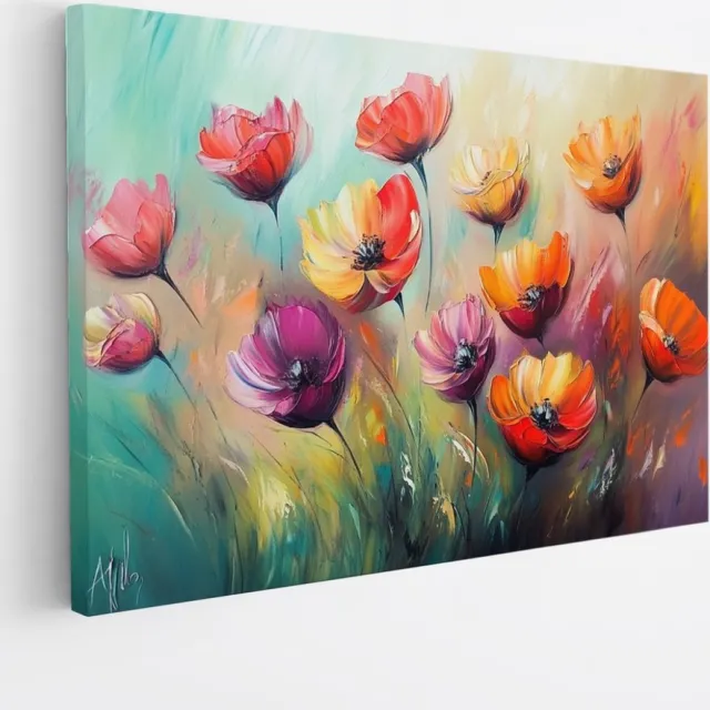 Saammp Canvas Schilderij - Oranje Paars Gekleurde Bloemen - Kleurrijk - Natuur - Abstract - 60x40 - Foto op canvas - Wanddecoratie - Muurdecoratie Woonkamer - Kantoor Decoratie Multicolor