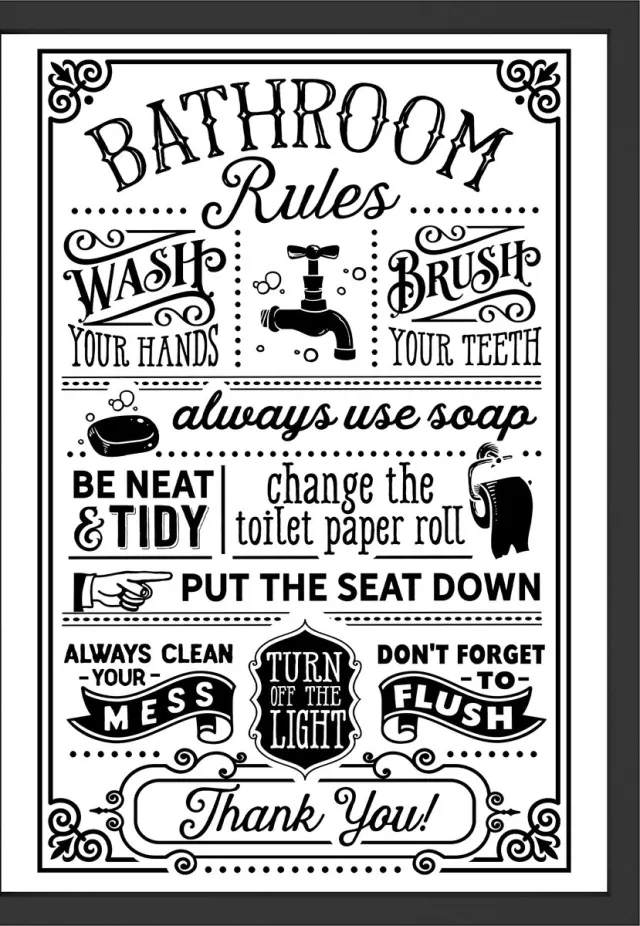 Ibenzoa Grappige Badkamerregels Poster in Vintage-Stijl voor Decoratie en Hygiëne, Zwart-Wit, Zonder Lijst, DIN A4