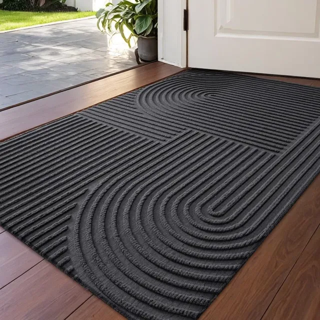 Ultiluxe Deurmat voor binnen buiten - Vuilvangmat voor voordeur entree - Antislip mat voor hal - Wasbare mat met groeven - Polyester bovenkant rubber onderzijde - Geometrisch lijnen en bogen - Grijs - 45 x 75 cm