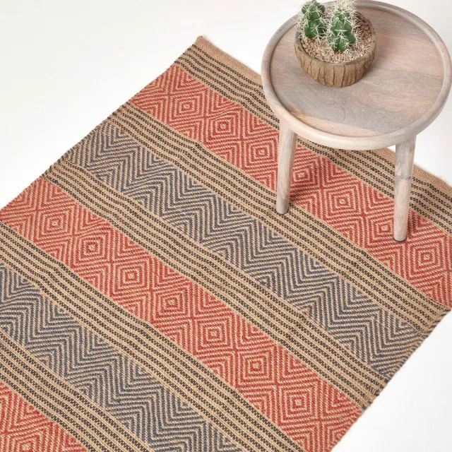Homescapes Handgeweven zwart rood jute vloerkleed met geometrisch patroon 90 x 150 cm Rood / Blauw / Naturel