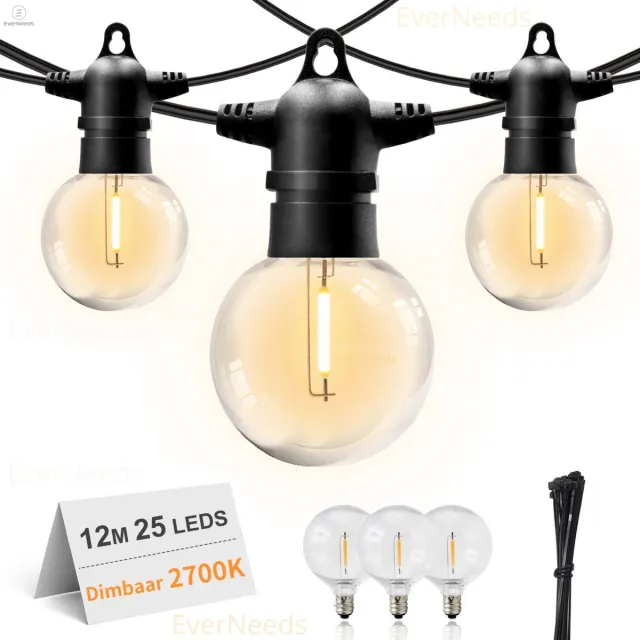 EverNeeds G50 Lichtsnoer Buiten IP65 – Prikkabel 12 m totaal - 10 m verlicht – 25 LED – Dimbaar – Warm Wit 2700K