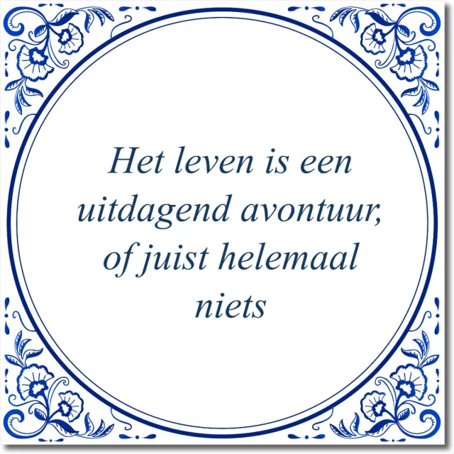 De Tegeltjesfabriek Tegeltje: Het leven is een uitdagend avontuur, of juist helemaal niets (met hangertje) wit en blauw