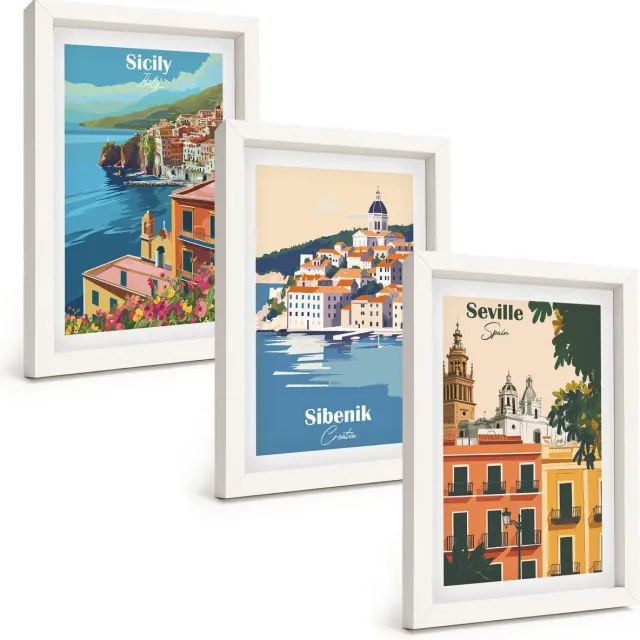 TULUP 3-Delige Schilderij Set - Europese stadsgezichten met kleurrijke gebouwen - 20x30 - Moderne Wanddecoratie - Woonkamer - Interieur Decoratie Witte lijst