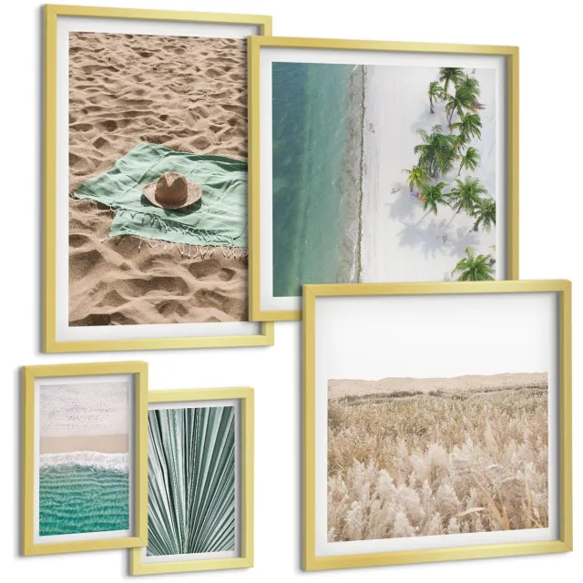 Coloray 5-Delige Schilderij Set - Ontspannend Uitzicht Op Het Strand En Tropische Natuur - 50 x 50 cm, 20 x 30 cm En 40 x 60 cm - Wanddecoratie - Muurdecoratie - Moderne Interieurdecoratie - Decoratieve Schilderijen Gouden lijst