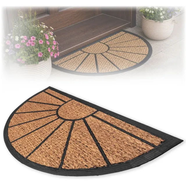 KADAX kokosmat 45 x 75 cm, halfronde deurmat van kokos en rubber, antislip deurmat voor buiten, vuilvangmat met rubberen onderkant (gestreept patroon) bruin, zwart