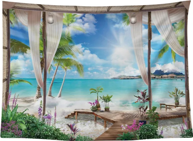 Ulticool Doorkijk Strand Zee Natuur - Wandkleed Poster - 200 x 150 cm - Wandtapijt - Tuinposter - Schilderij Decoratie Tuin Versiering Accessoire Buiten - Muurdecoratie woonkamer Veelkleurig