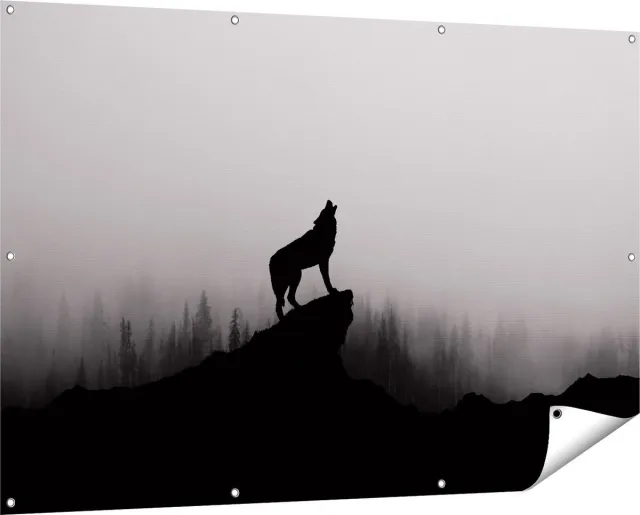 Gards Tuinposter Silhouet van een Huilende Wolf - Abstract - 150x100 cm - Tuindoek - Tuindecoratie - Wanddecoratie buiten - Tuinschilderij Multikleur