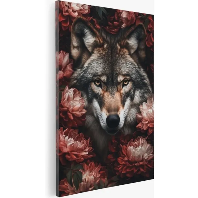 Saammp Canvas Schilderij - Wolf tussen de rode bloemen - Dieren - Natuur - 75x100 - Foto op canvas - Wanddecoratie - Muurdecoratie Woonkamer - Slaapkamer decoratie - Canvas Print Multicolor