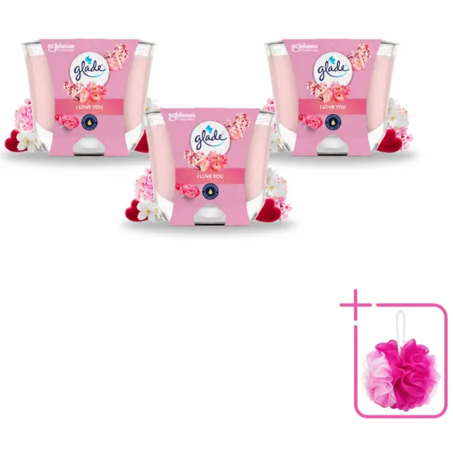 Glade 3 x Glade - Geurkaars I Love You - 100% Raapzaadwas - 204 g - Bulkverpakking - Geurkaars - Douchemop - Romantische geur roze