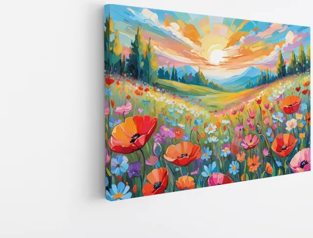 Saammp Canvas Schilderij - Bloemenveld met zonsondergang - Natuur - Landschap - 120x80 - Foto op canvas - Wanddecoratie - Muurdecoratie Woonkamer - Slaapkamer decoratie - Canvas Print Multicolor