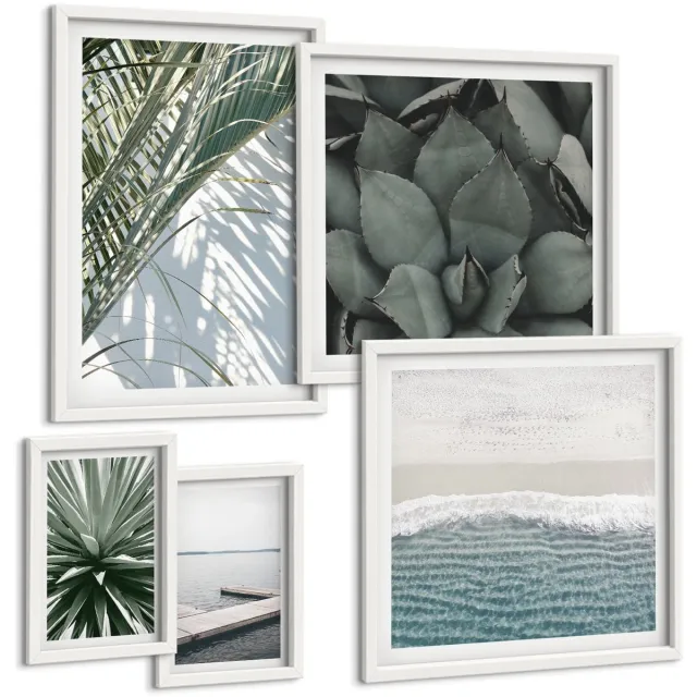 Coloray 5-Delige Schilderij Set - Tropische Plantenmotieven Met Uitzicht Op Zee - 50 x 50 cm, 20 x 30 cm En 40 x 60 cm - Decoratieve Muurdecoratie - Slaapkamer Witte lijst