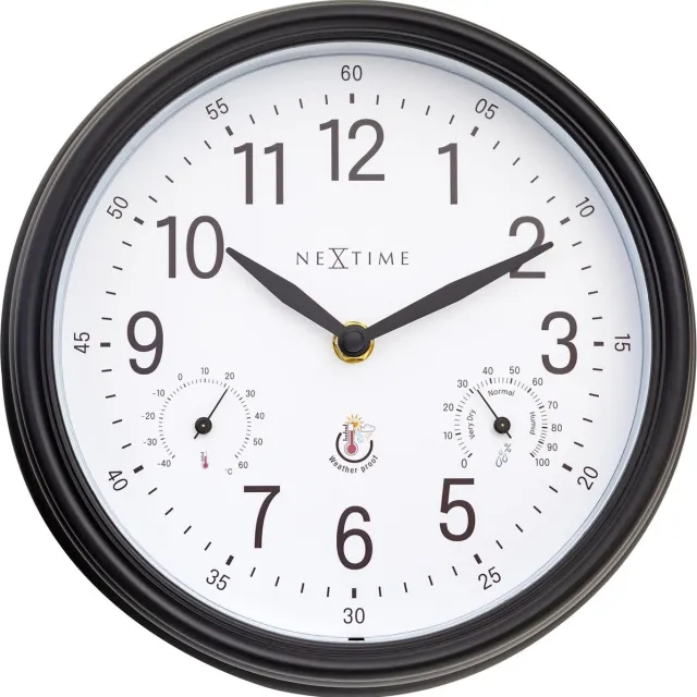 NeXtime Buitenklok Nextime dia 23,5cm Jasmine met thermo- en hydrometer cijfers, zwarte rand witte wijzerplaat plastic
