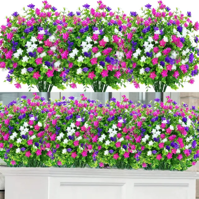 Ibenzoa Kunstmatige Bloemenbundel voor Binnen- en Buitendecoratie in Drie Kleuren, UV-bestendig en Onderhoudsvrij Wit, paars, magenta