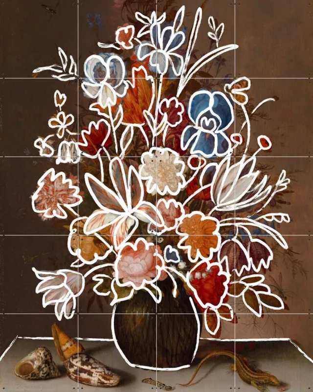IXXI Florals Rewritten, The New Classics - 80 x 100 cm - Grote wanddecoratie en posters - Gemengde Technieken, Illustraties, Abstract, Digitale Kunst Bruin / Wit / Oranje